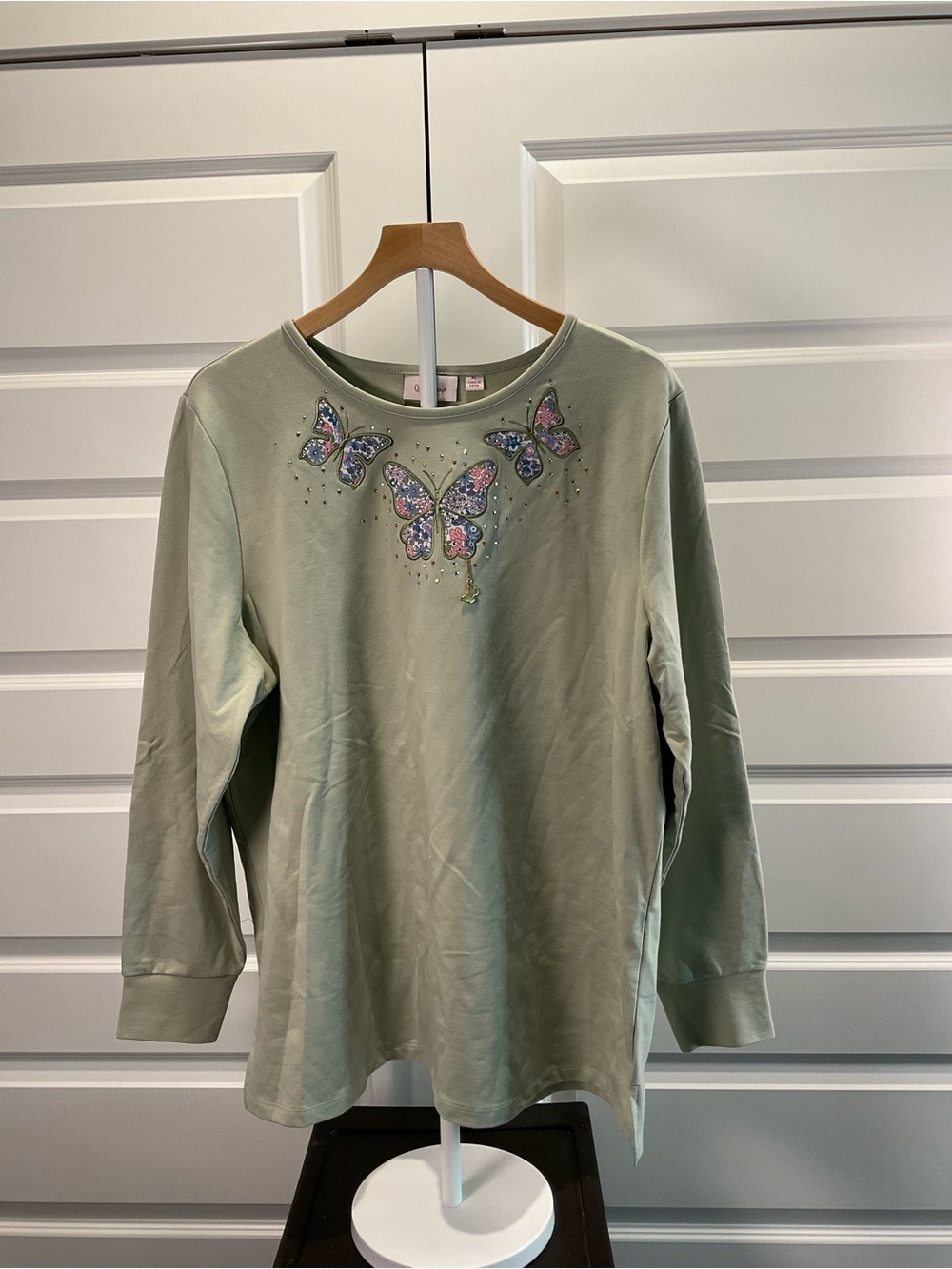 Women's Sage Green Butterfly Embellished Long-Sleeve Top